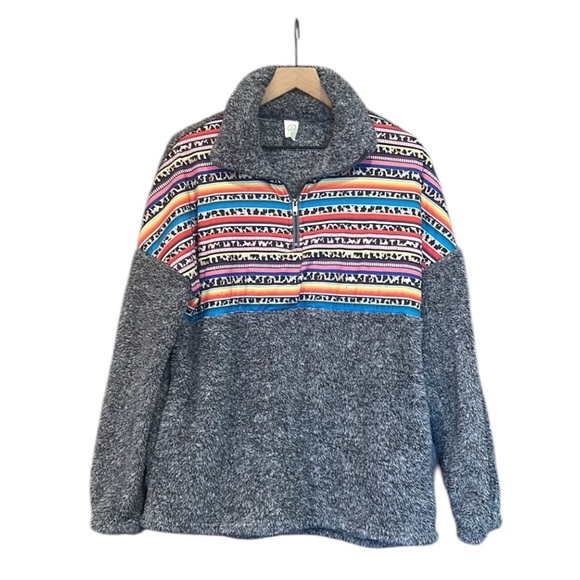 Sunshine & Rodeos Gray Fleece Aztec Print Quarter Zip Pullover Women’s Small - Picture 2 of 11